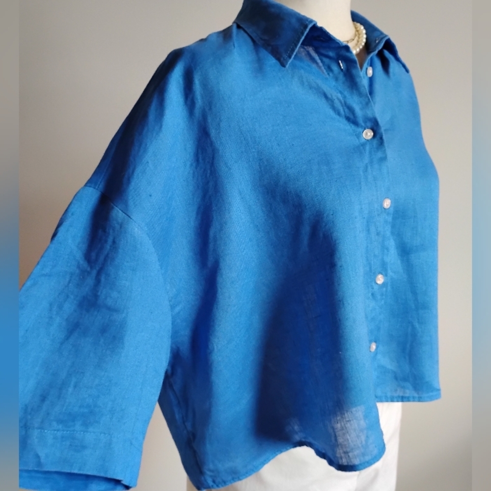 H&M Linen Oversized Swing Style Button Down Shirt Royal Blue Minimalist Size Med - Picture 3 of 14